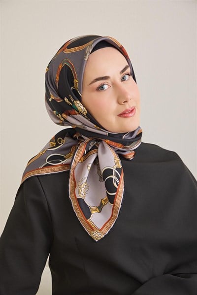 Twill İpek Eşarp Kemer Desen Antrasit 90x90