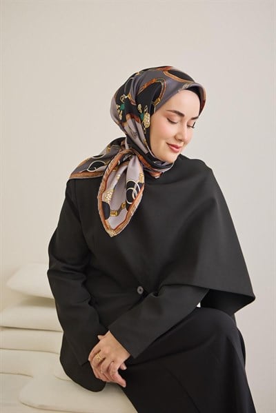 Twill İpek Eşarp Kemer Desen Antrasit 90x90