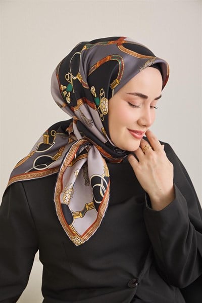 Twill İpek Eşarp Kemer Desen Antrasit 90x90
