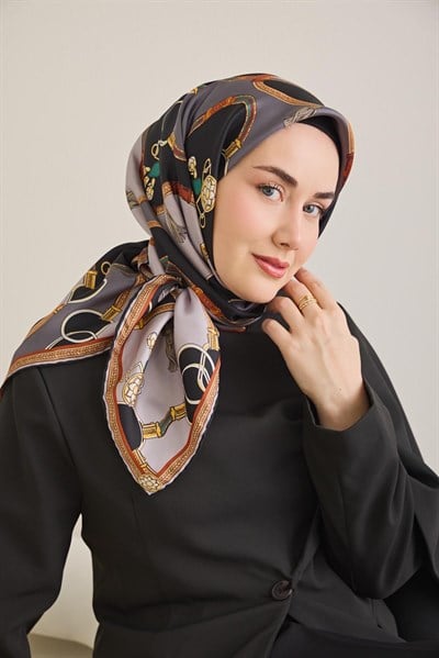 Twill İpek Eşarp Kemer Desen Antrasit 90x90