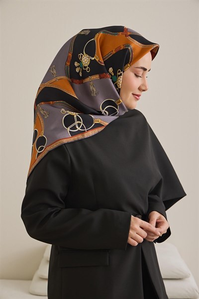 Twill İpek Eşarp Kemer Desen Füme 90x90