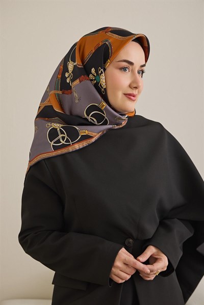 Twill İpek Eşarp Kemer Desen Füme 90x90