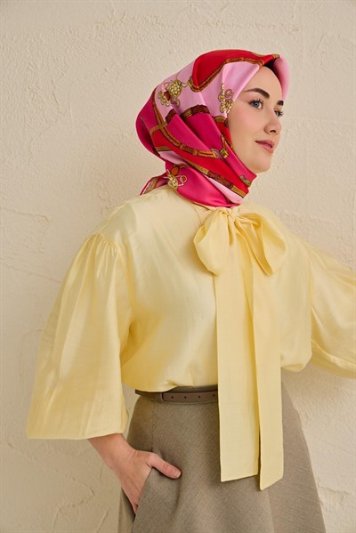 Twill İpek Eşarp Kemer Desen Fuşya 90x90
