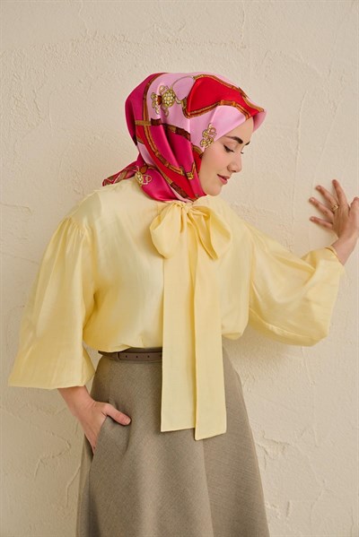 Twill İpek Eşarp Kemer Desen Fuşya 90x90