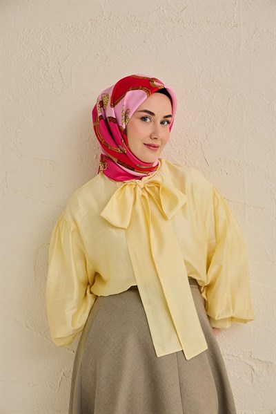 Twill İpek Eşarp Kemer Desen Fuşya 90x90