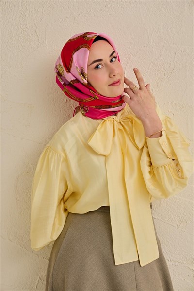Twill İpek Eşarp Kemer Desen Fuşya 90x90