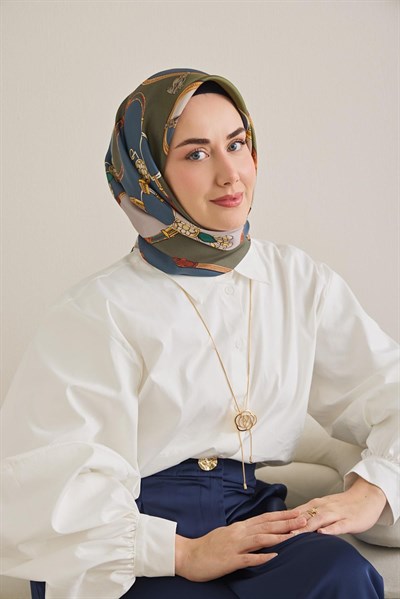 Twill İpek Eşarp Kemer Desen Indigo-Yeşil 90x90