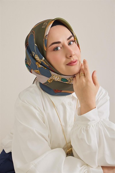 Twill İpek Eşarp Kemer Desen Indigo-Yeşil 90x90