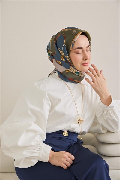 Twill İpek Eşarp Kemer Desen Indigo-Yeşil 90x90
