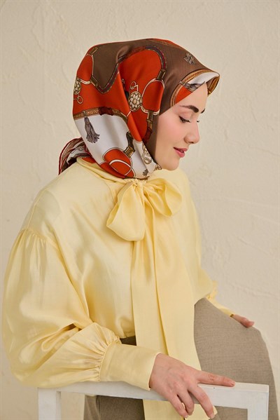 Twill İpek Eşarp Kemer Desen Kahverengi 90x90