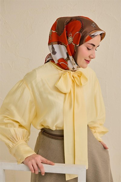 Twill İpek Eşarp Kemer Desen Kahverengi 90x90