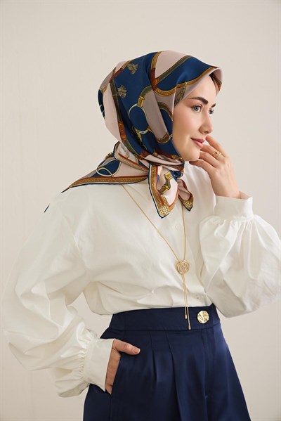 Twill İpek Eşarp Kemer Desen Parlament Mavi 90x90