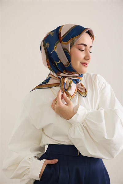 Twill İpek Eşarp Kemer Desen Parlament Mavi 90x90