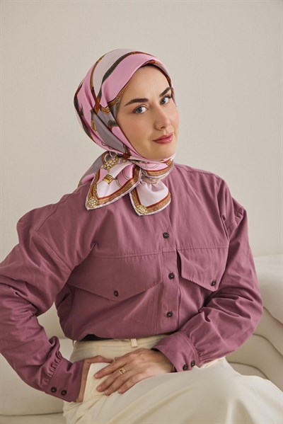 Twill İpek Eşarp Kemer Desen Pembe 90x90