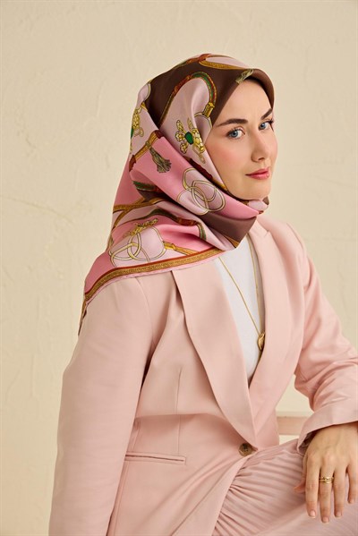 Twill İpek Eşarp Kemer Desen Pembe 90x90