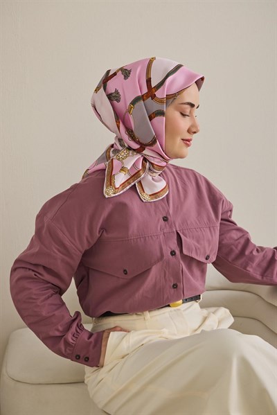 Twill İpek Eşarp Kemer Desen Pembe 90x90
