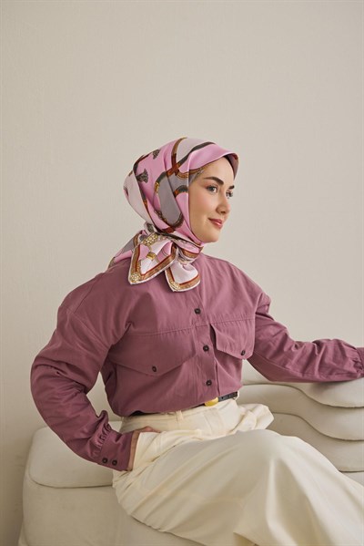Twill İpek Eşarp Kemer Desen Pembe 90x90