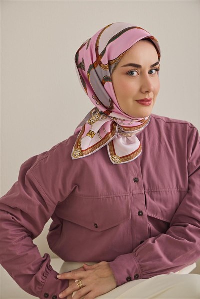 Twill İpek Eşarp Kemer Desen Pembe 90x90