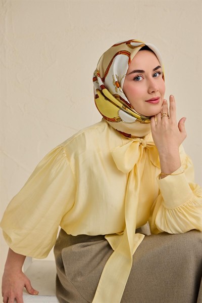 Twill İpek Eşarp Kemer Desen Sarı 90x90