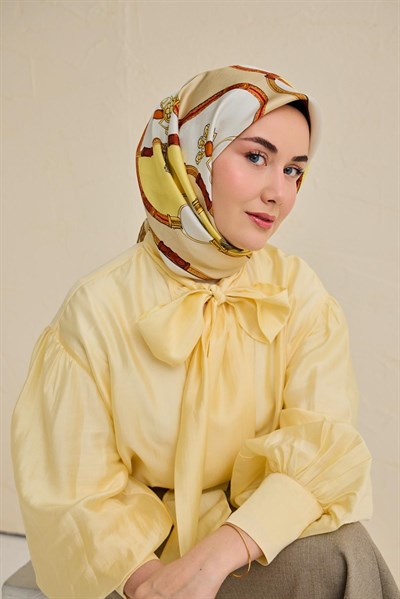Twill İpek Eşarp Kemer Desen Sarı 90x90