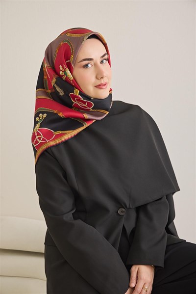Twill İpek Eşarp Kemer Desen Siyah 90x90
