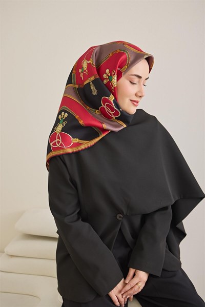 Twill İpek Eşarp Kemer Desen Siyah 90x90