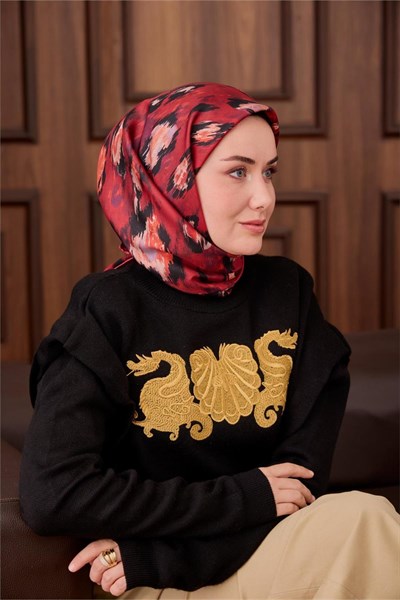 Twill İpek Eşarp Kırmızı-Siyah Desenli Tok Duruşlu 90x90