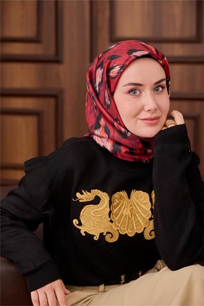 Twill İpek Eşarp Kırmızı-Siyah Desenli Tok Duruşlu 90x90