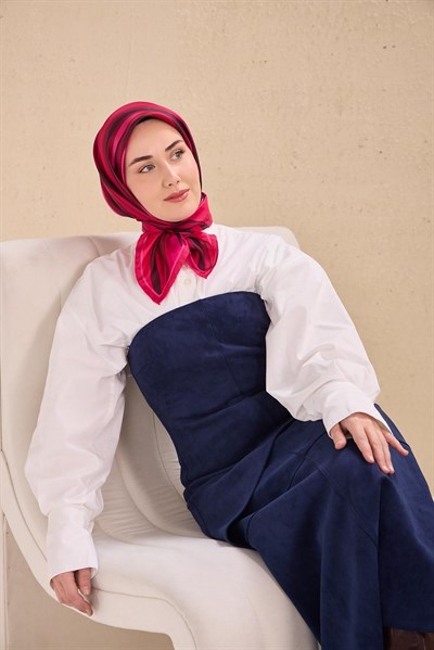 Twill İpek Eşarp Kıvrımlı Şerit Fuşya 90x90