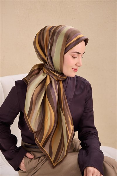 Twill İpek Eşarp Kıvrımlı Şerit Gece Kahve Mor 90x90