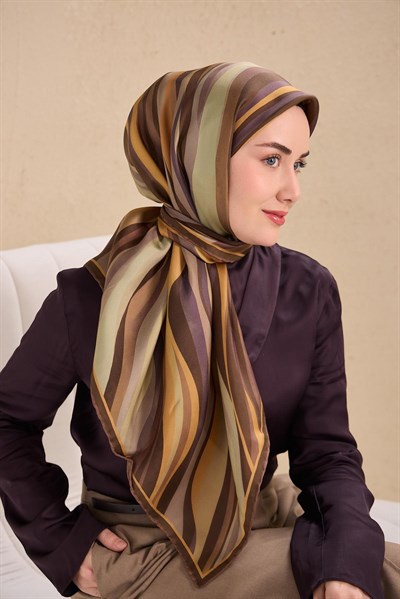 Twill İpek Eşarp Kıvrımlı Şerit Gece Kahve Mor 90x90