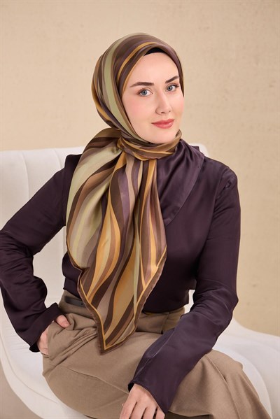 Twill İpek Eşarp Kıvrımlı Şerit Gece Kahve Mor 90x90