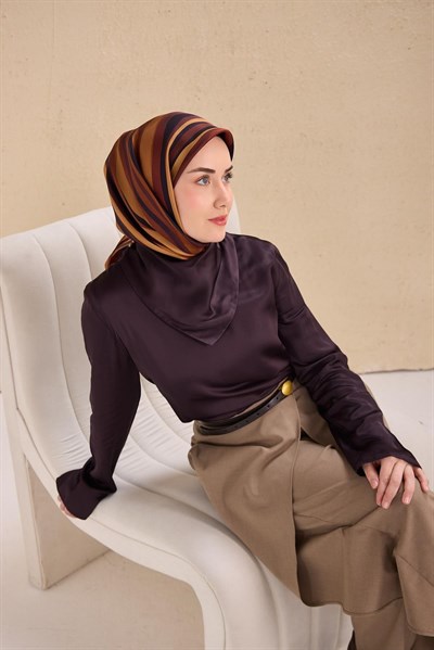 Twill İpek Eşarp Kıvrımlı Şerit Kiremit 90x90