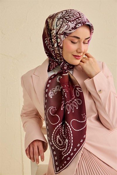 Twill İpek Eşarp Klasik Motif Bordo 90x90