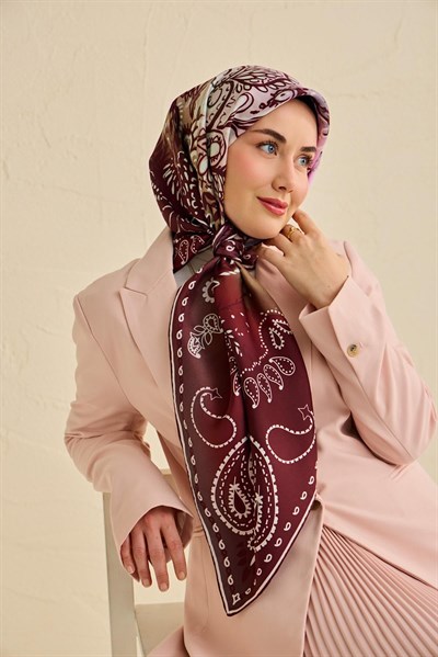 Twill İpek Eşarp Klasik Motif Bordo 90x90