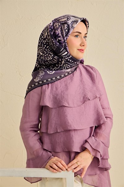 Twill İpek Eşarp Klasik Motif Eflatun 90x90