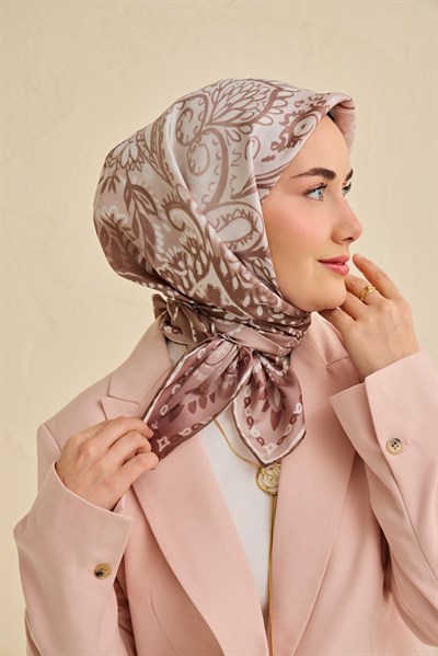 Twill İpek Eşarp Klasik Motif Gül Kurusu 90x90