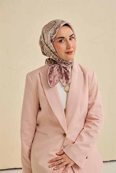 Twill İpek Eşarp Klasik Motif Gül Kurusu 90x90