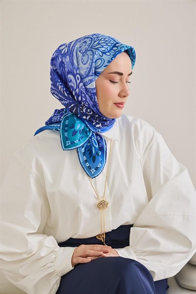 Twill İpek Eşarp Klasik Motif Mavi 90x90