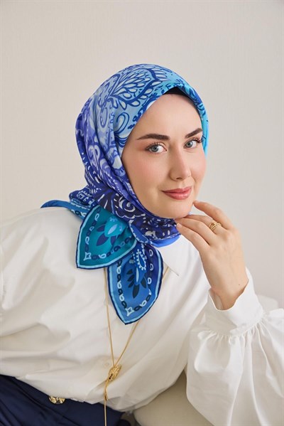 Twill İpek Eşarp Klasik Motif Mavi 90x90