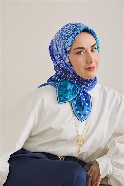 Twill İpek Eşarp Klasik Motif Mavi 90x90