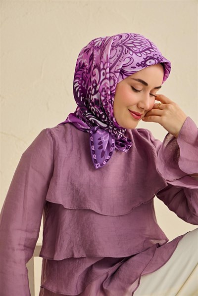 Twill İpek Eşarp Klasik Motif Mor 90x90