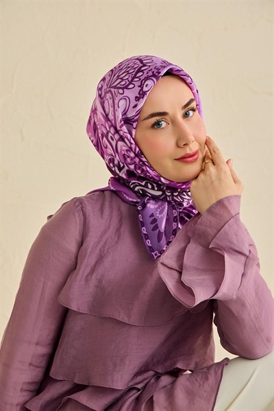 Twill İpek Eşarp Klasik Motif Mor 90x90