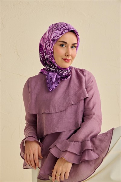 Twill İpek Eşarp Klasik Motif Mor 90x90