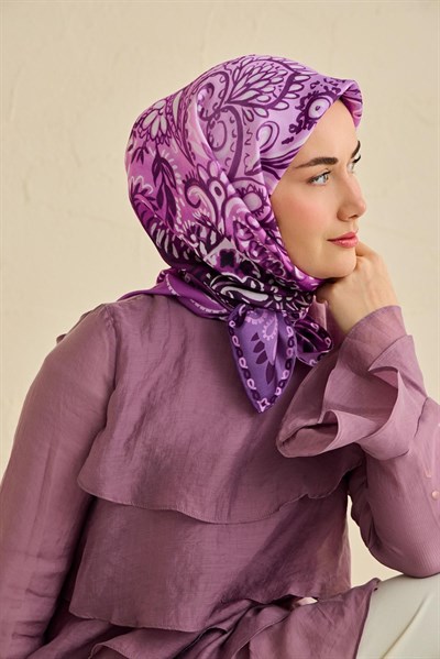 Twill İpek Eşarp Klasik Motif Mor 90x90