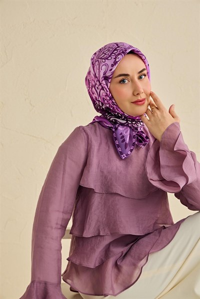 Twill İpek Eşarp Klasik Motif Mor 90x90