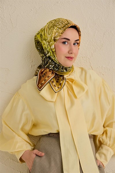 Twill İpek Eşarp Klasik Motif Sarı 90x90