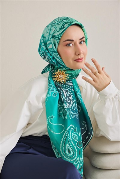 Twill İpek Eşarp Klasik Motif Turkuaz 90x90