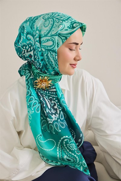 Twill İpek Eşarp Klasik Motif Turkuaz 90x90