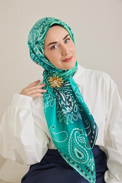 Twill İpek Eşarp Klasik Motif Turkuaz 90x90